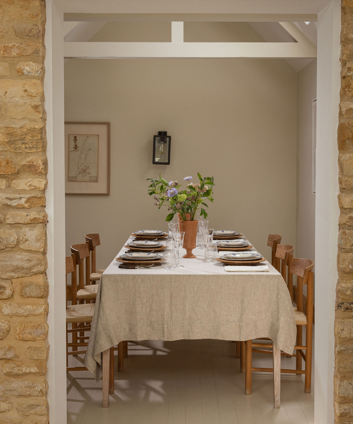 Rebecca Udall Classic Hemstitch Linen Tablecloth, Natural with Flora Ceramic Vase