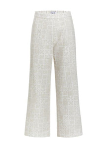 High-Waisted, Wide-Leg Pants in White with Beige Checkerboard