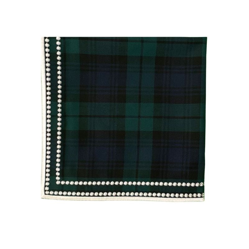 Black Watch Plaid napkin with white embroidered border with white purl detail 