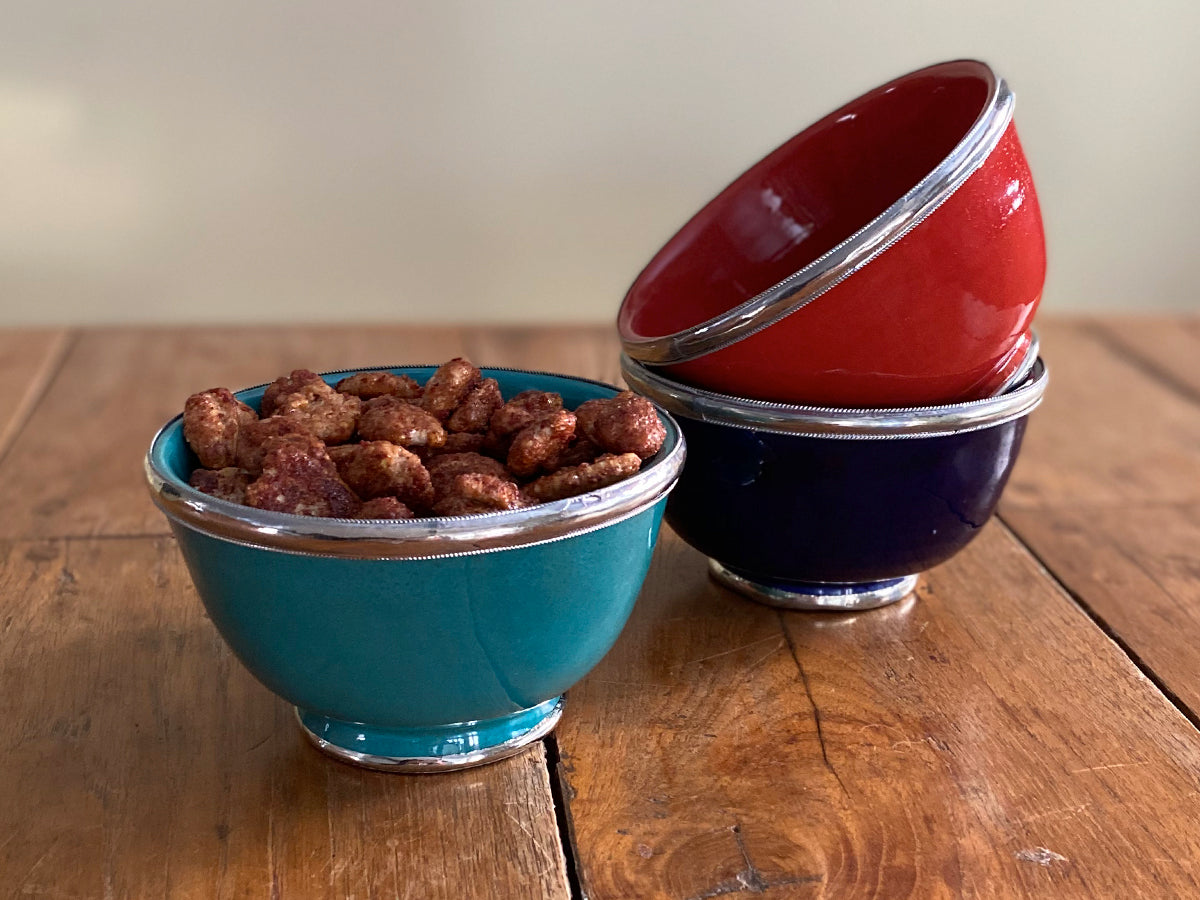 Moroccan Glazed Bowls with Berber Silver Trim, Set of 3