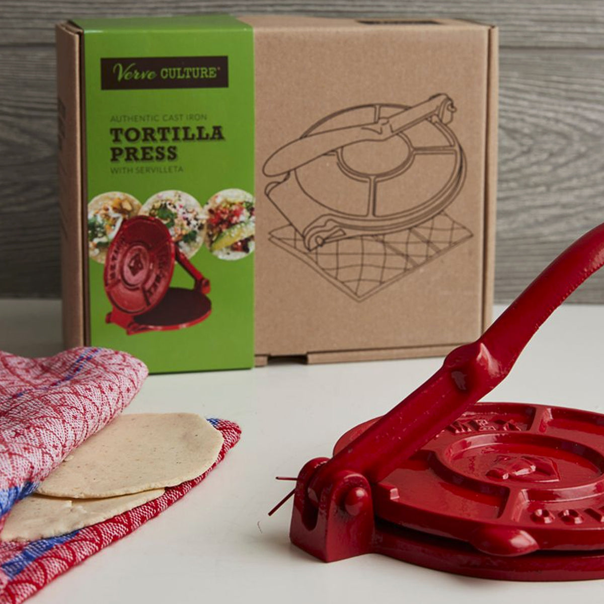 Tortilla Press Kit in Red Cast Iron with Servilleta