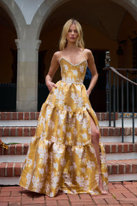 The Vivian Dress in Gold Baroque Floral