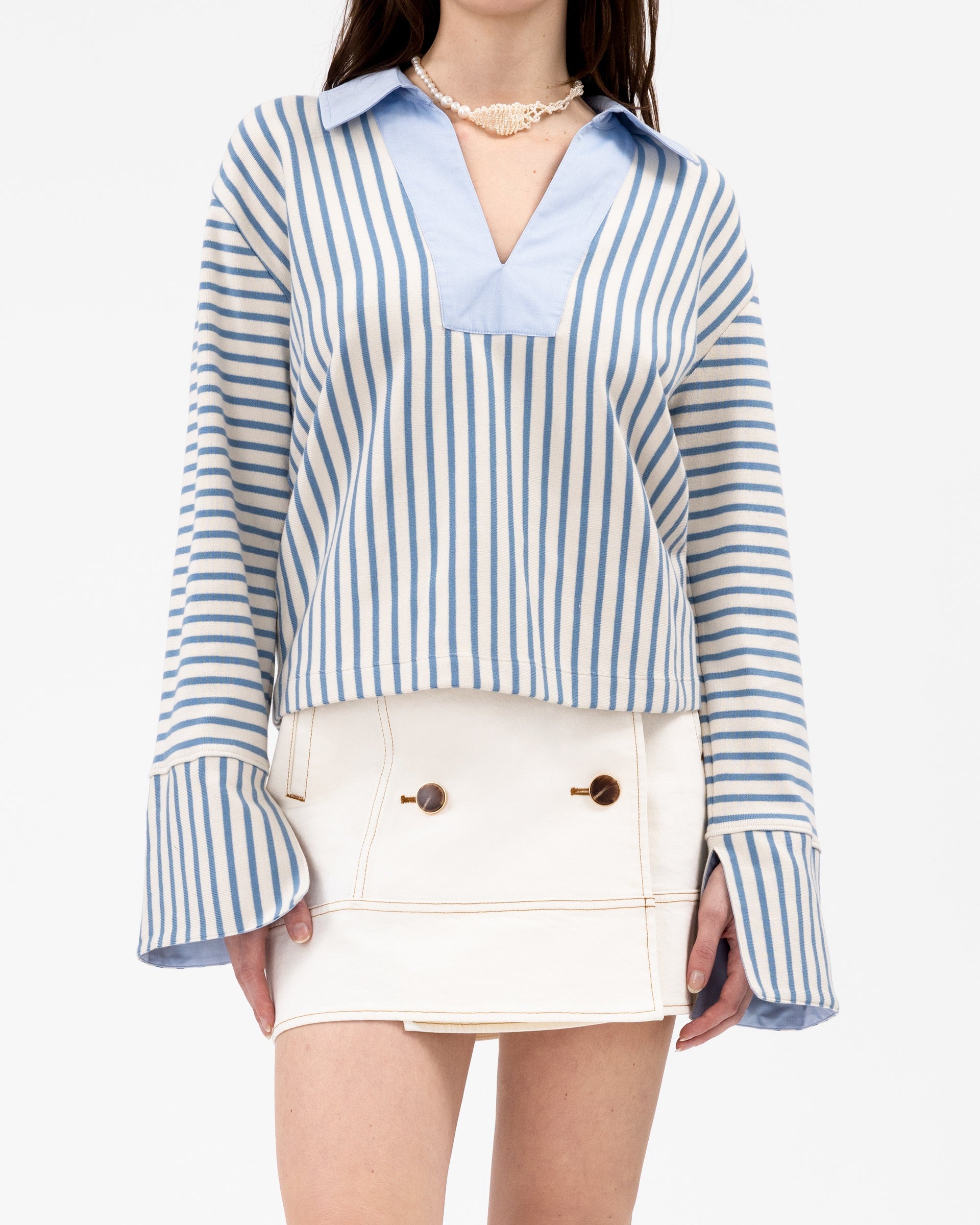 Whitney Top in Cream & Blue Bird Thin Stripe