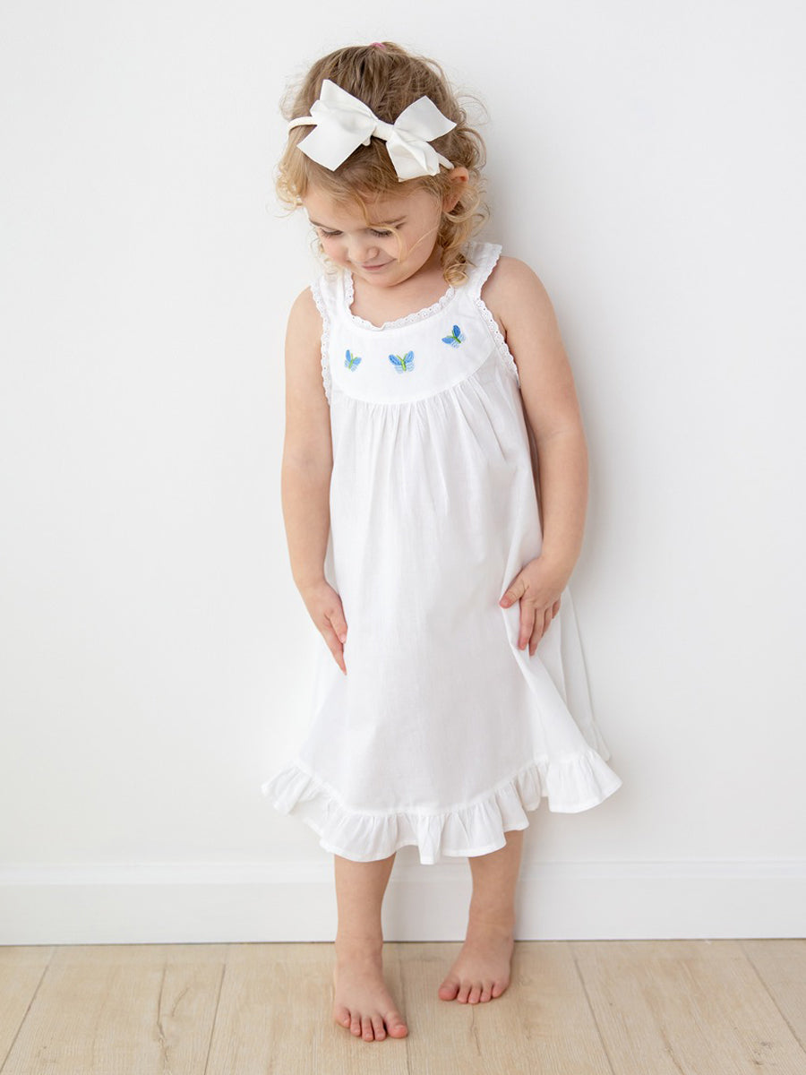 Zoe White Cotton Dress with Blue Butterfly Embroidery