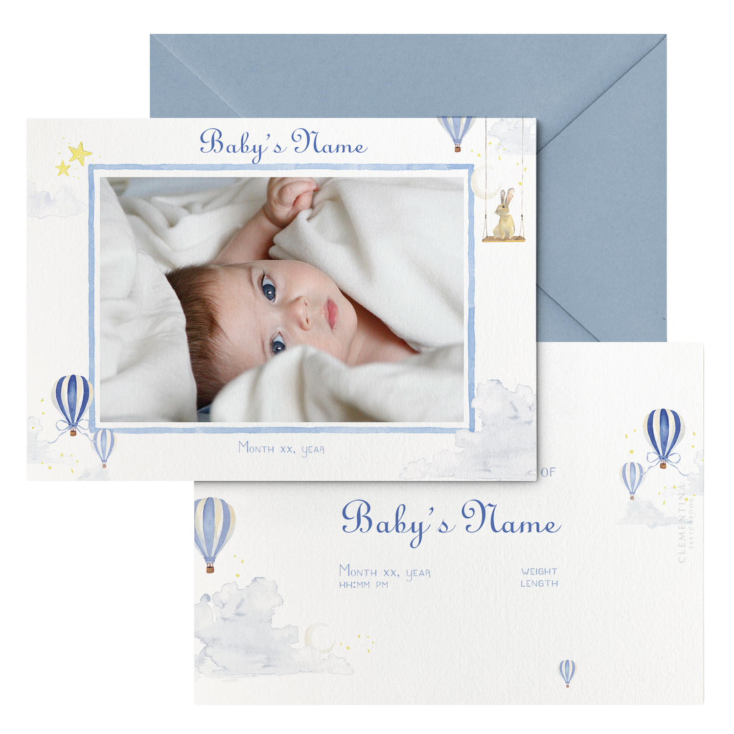 Hot Air Balloons Birth Announcement with Photo, Set of 50