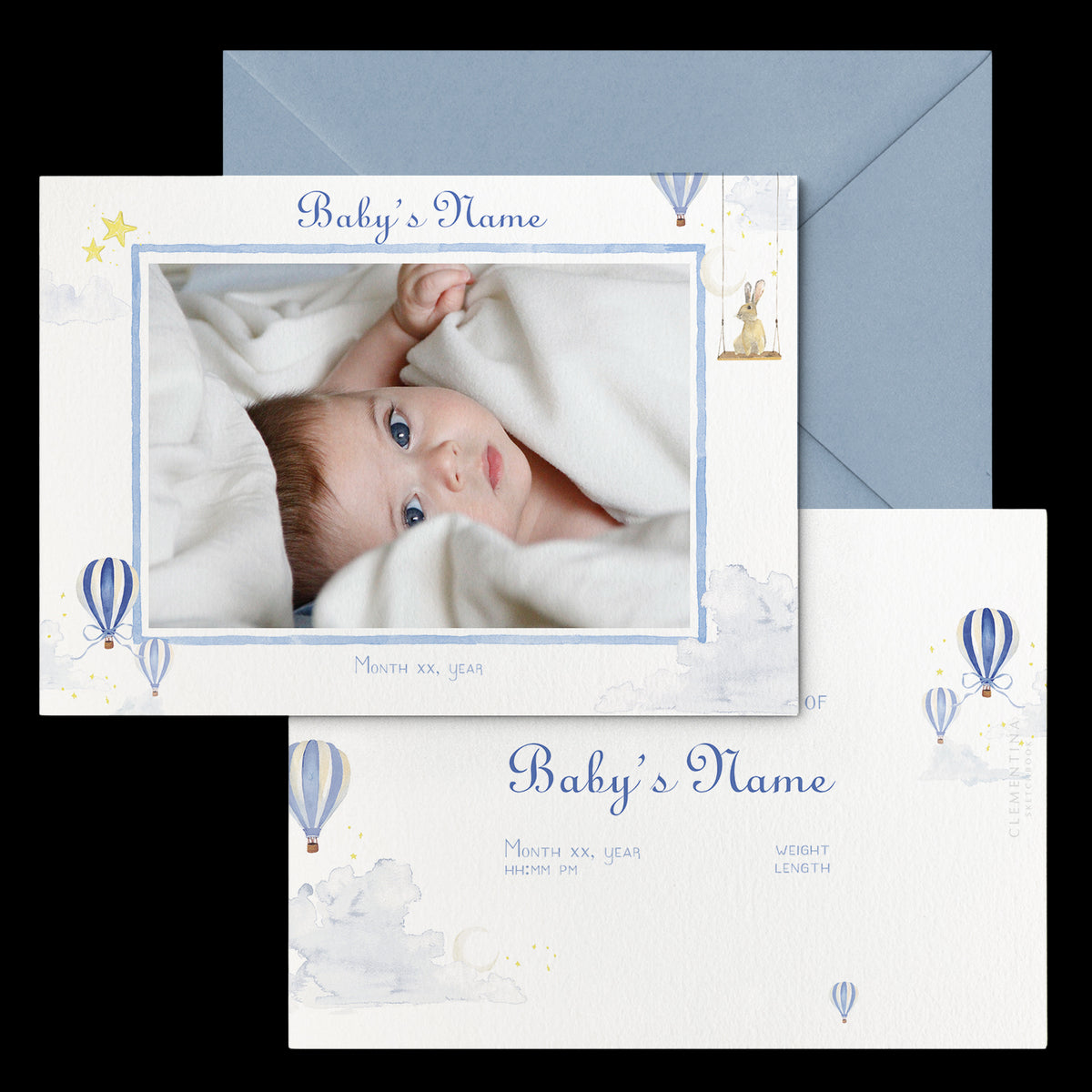 Hot Air Balloons Birth Announcement with Photo, Set of 50