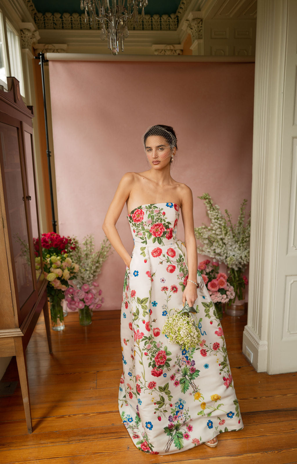 Stephanie Sky Floral Silk Faille Ball Gown