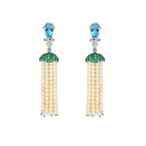 Aqua Pearl Tassel Earrings