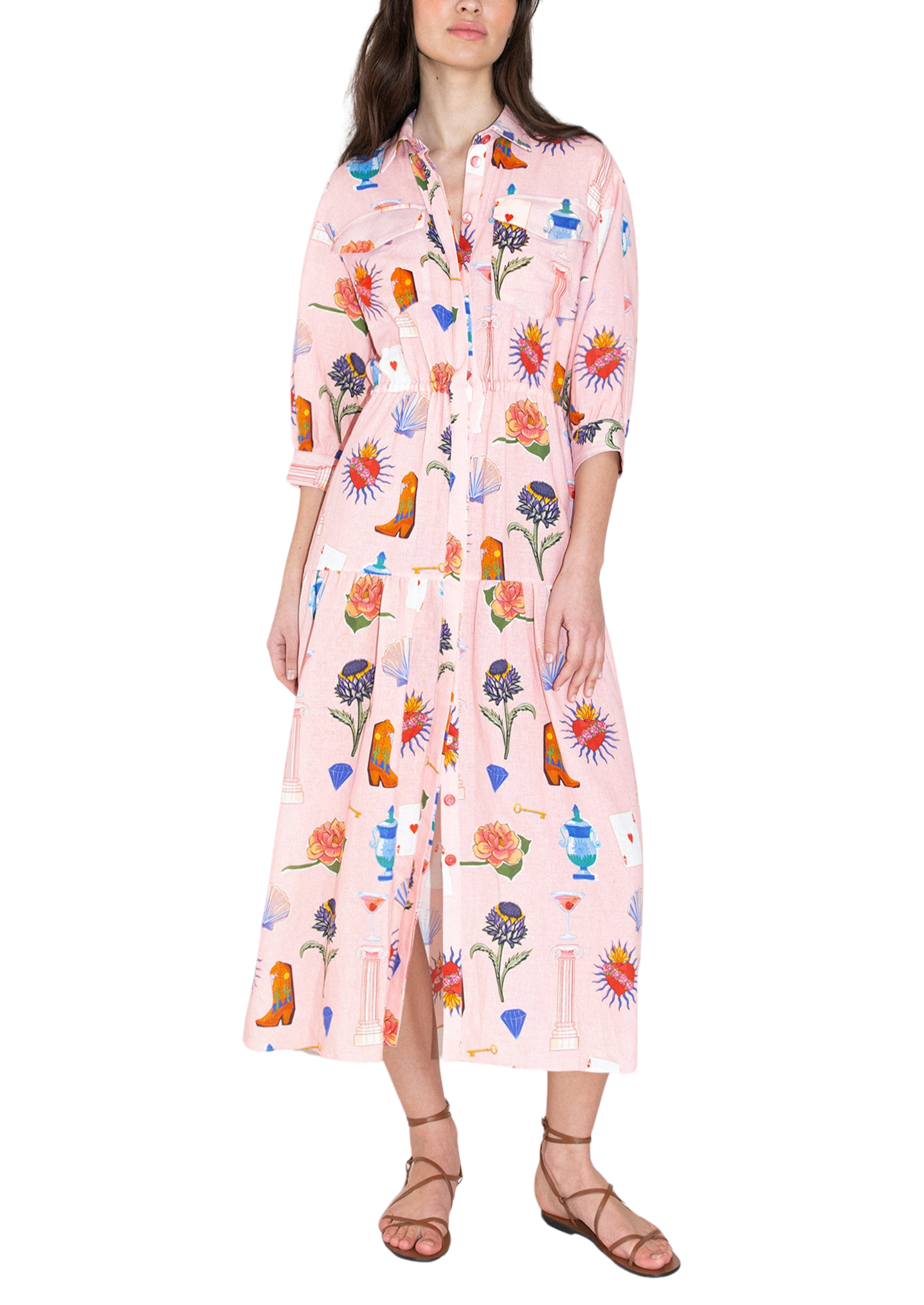 Uma Linen Midi Dress in Wanderlust Pink