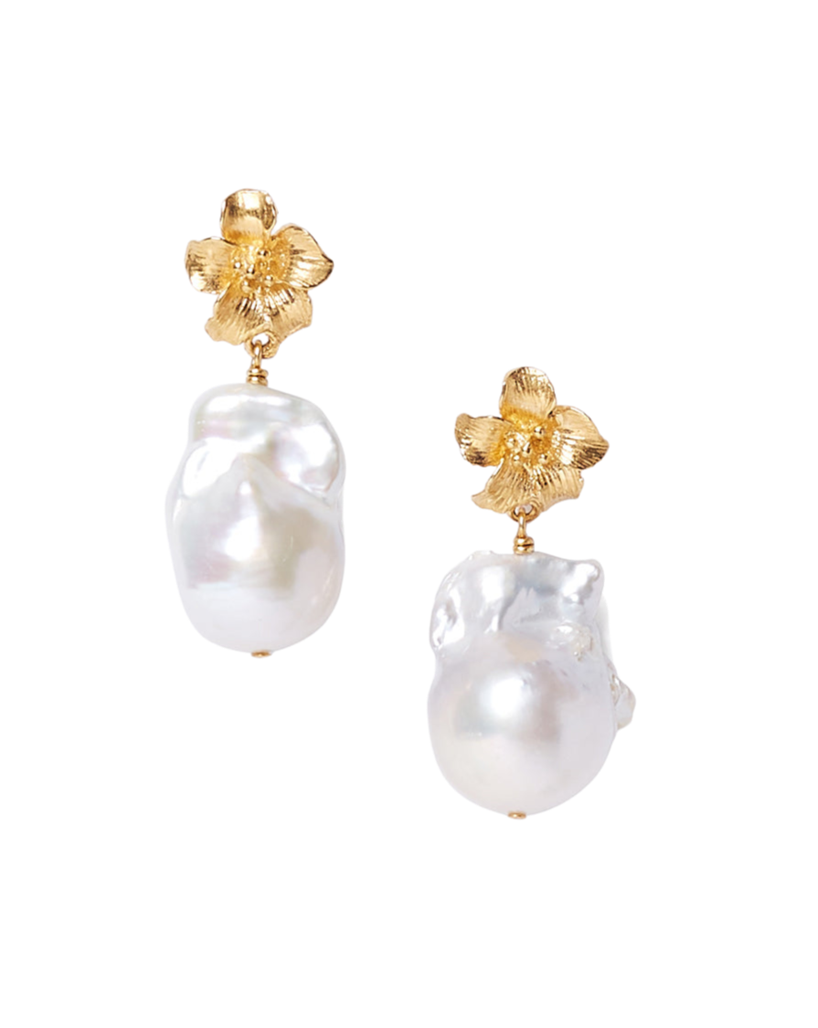 Gold Hibiscus Pearl Drop Earrings