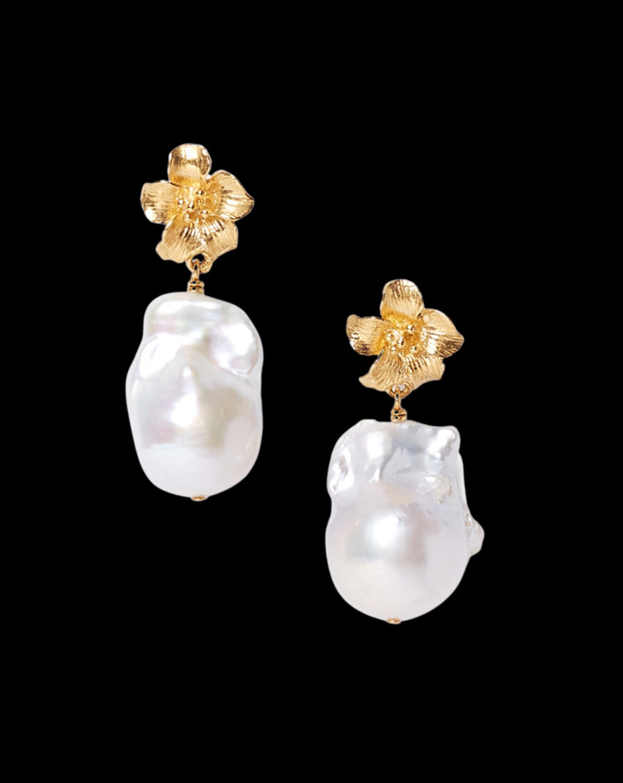 Gold Hibiscus Pearl Drop Earrings