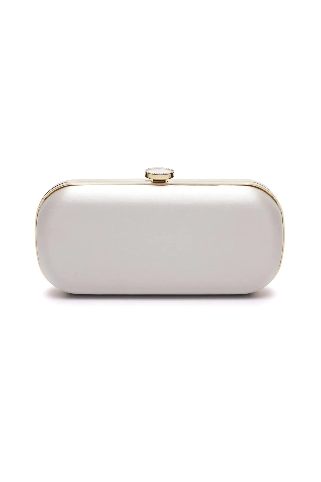 The Bella Rosa Collection's Bella Clutch Ivory Grande purse with gold trim on a white background, a bespoke bridal accessory.