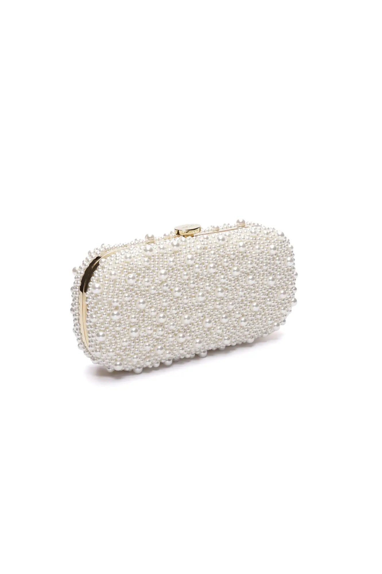 Bella Rosa Collection Bella Clutch True Love Pearl Petite bridal clutch on a white background.