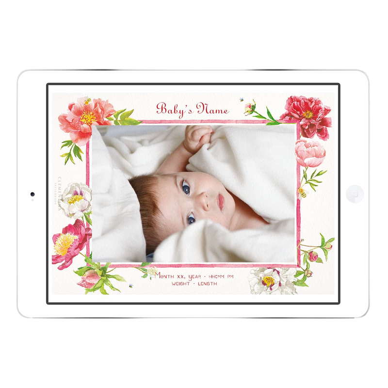 Digital Peonies Birth Announcement with Photo