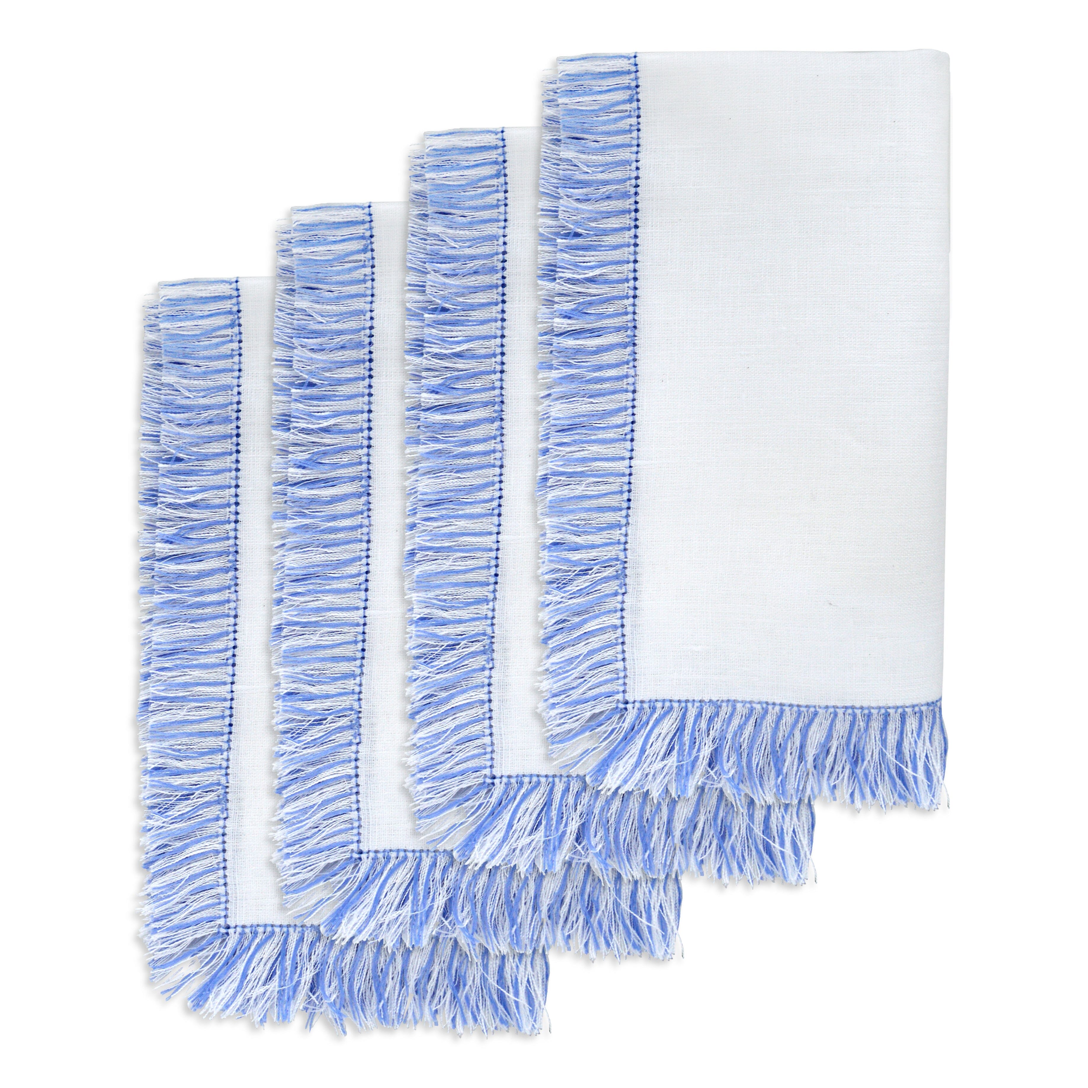 Blue & White Fringe Dinner Napkins (4) Shells Chefanie 