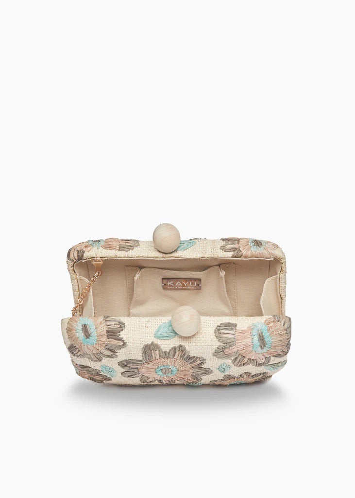 Bryn Embroidered Straw Clutch Bag in Blue Floral