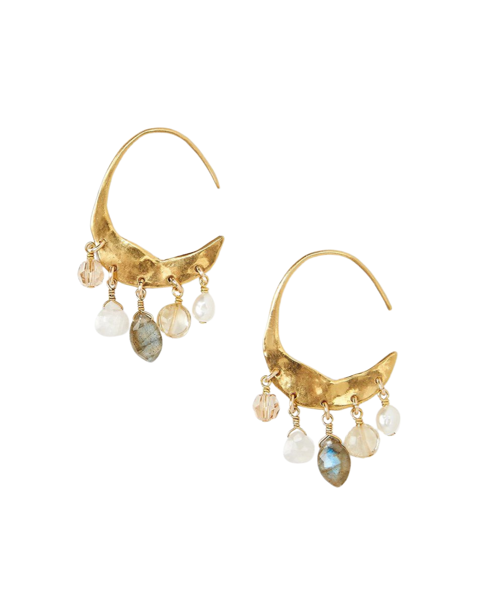 Petite Crescent White Pearl and Citrine Mix Gold Hoop Earrings