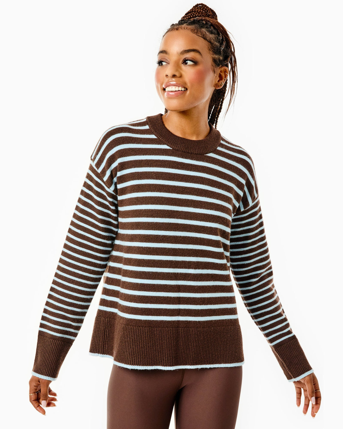 Model is wearing the Carlyle Crewneck in Chocolate/ Baby Blue Stripe with the Everyday Legging in Chocolate