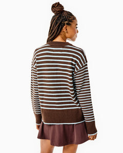 Model is wearing the Carlyle Crewneck in Chocolate/ Baby Blue Stripe with the Everyday Legging in Chocolate