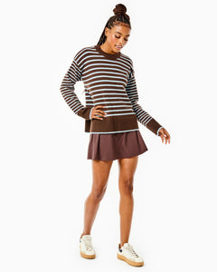 Model is wearing the Carlyle Crewneck in Chocolate/ Baby Blue Stripe with the Everyday Legging in Chocolate