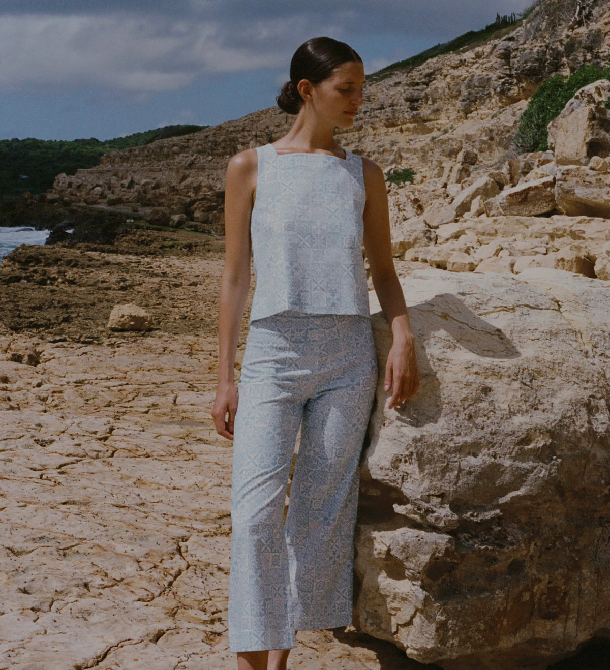 High-Waisted, Wide-Leg Pants in Blue Checkerboard