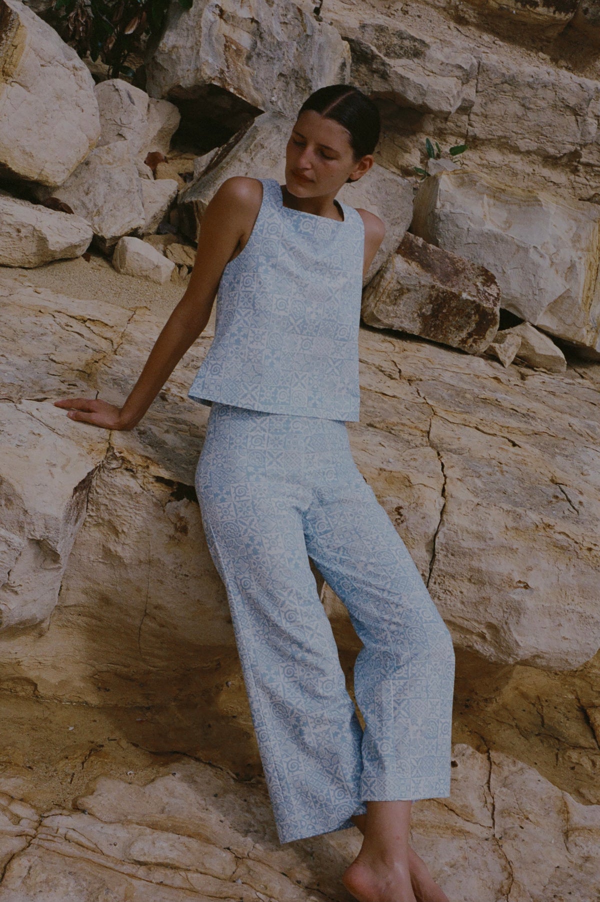 High-Waisted, Wide-Leg Pants in Blue Checkerboard