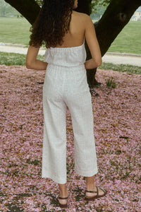 High-Waisted, Wide-Leg Pants in White with Beige Checkerboard