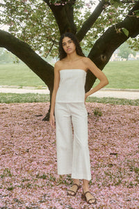 High-Waisted, Wide-Leg Pants in White with Beige Checkerboard