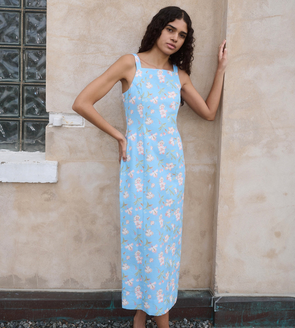 High-Neck Midi Dress in Blue Hibiscus