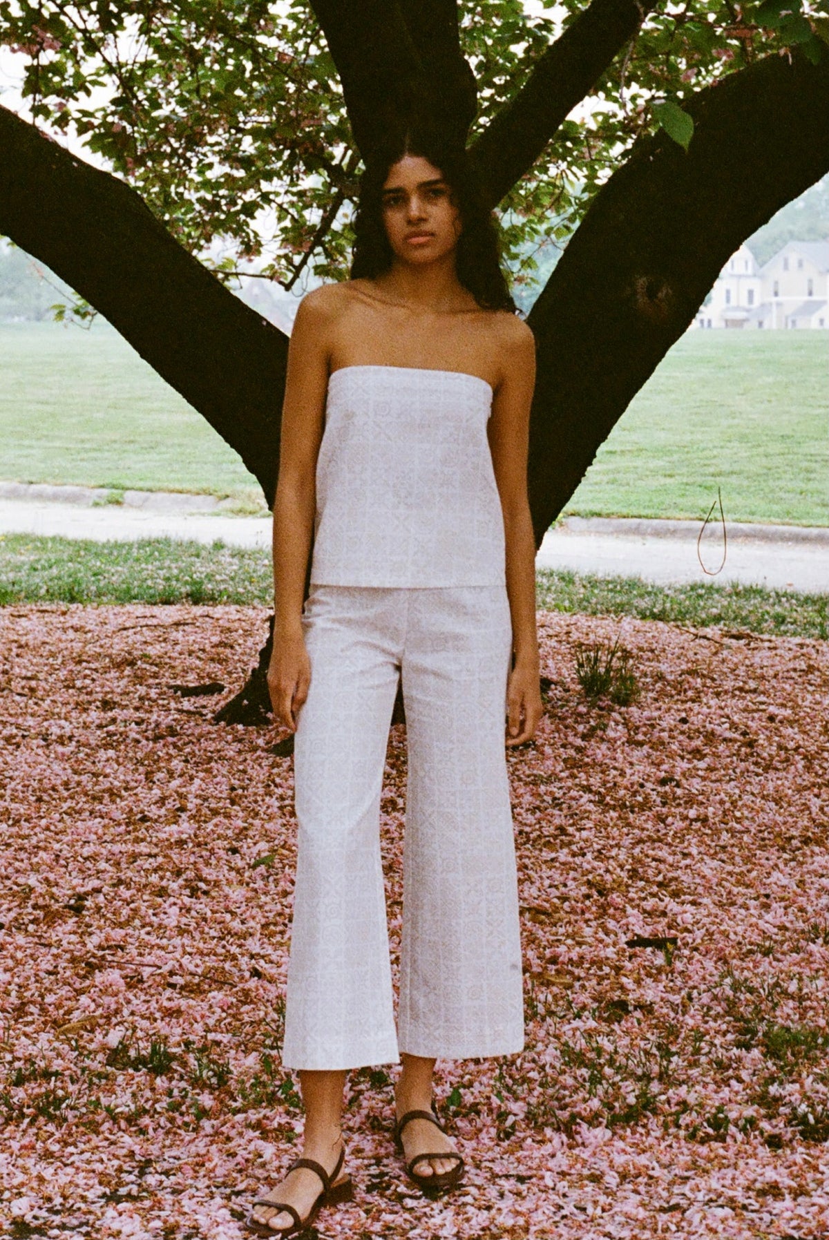 High-Waisted, Wide-Leg Pants in White with Beige Checkerboard