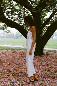 High-Waisted, Wide-Leg Pants in White with Beige Checkerboard