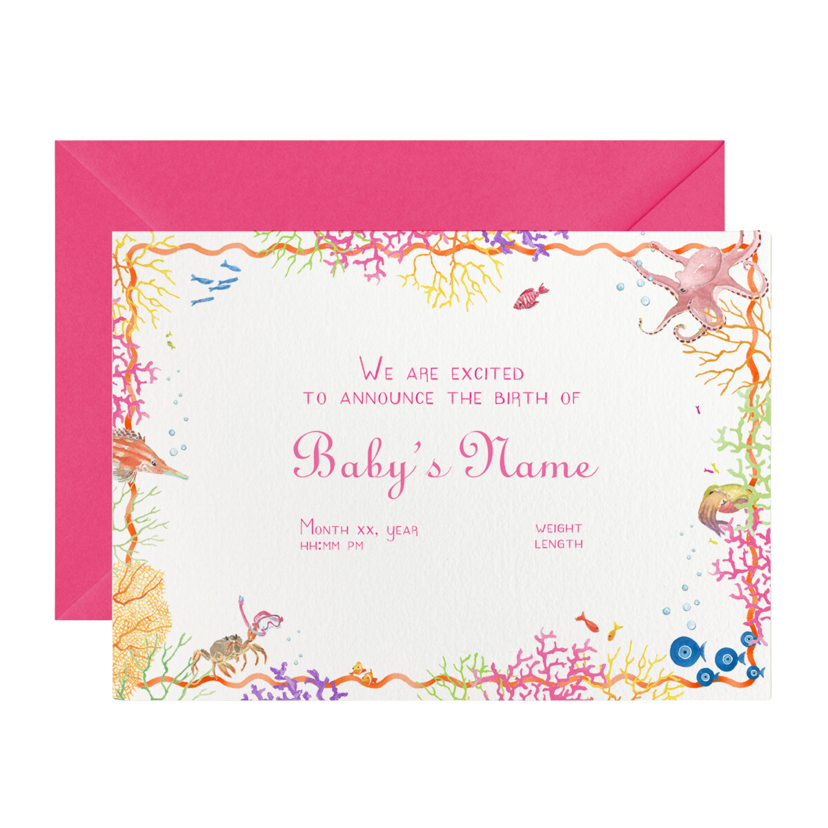 Coral Birth Announcement without Photo, Set of 50