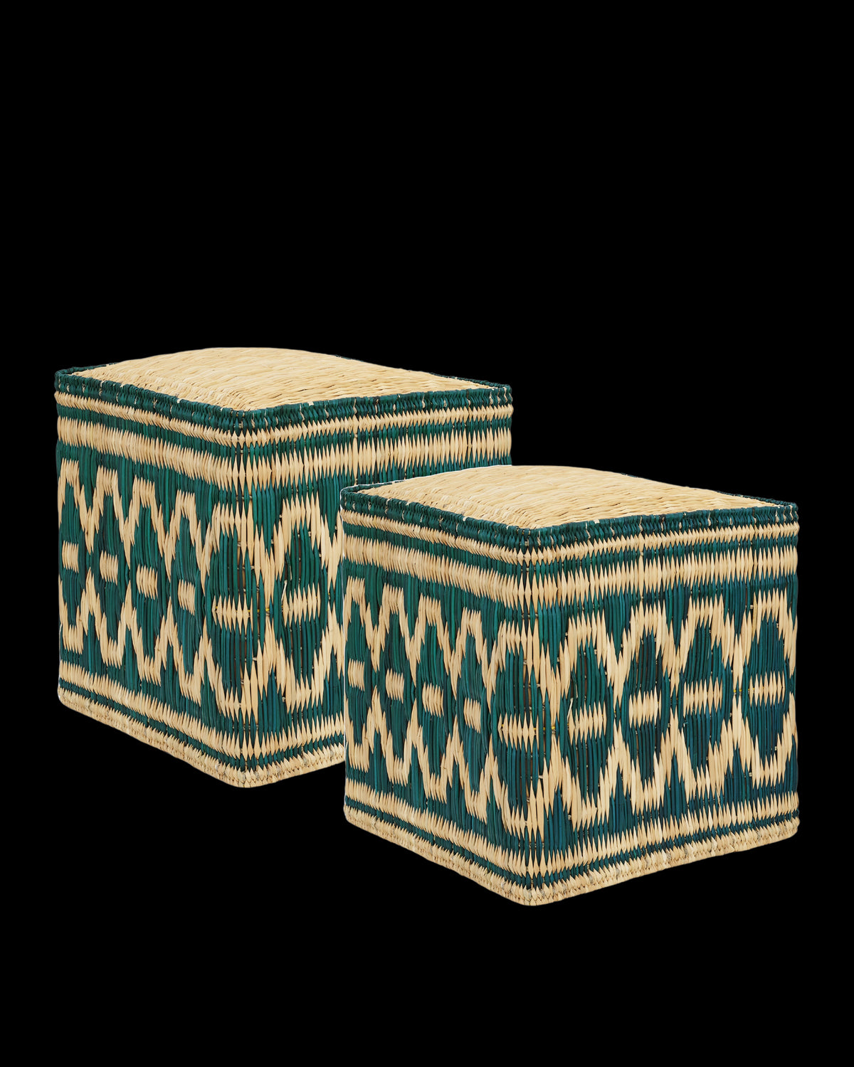 Wicker Stools in Green, Set of 2