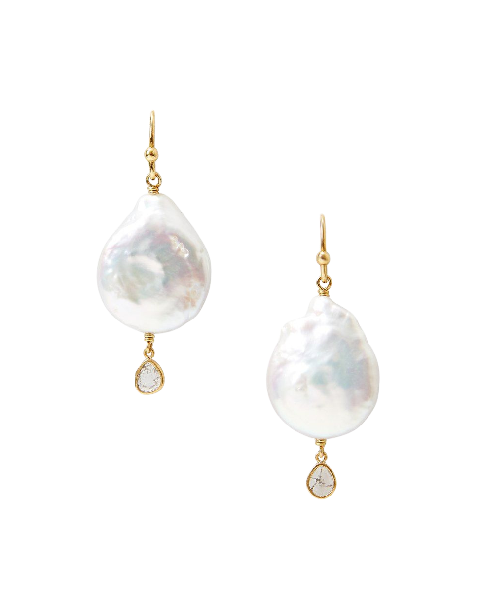 White Pearl and Diamond Teardrop Earrings