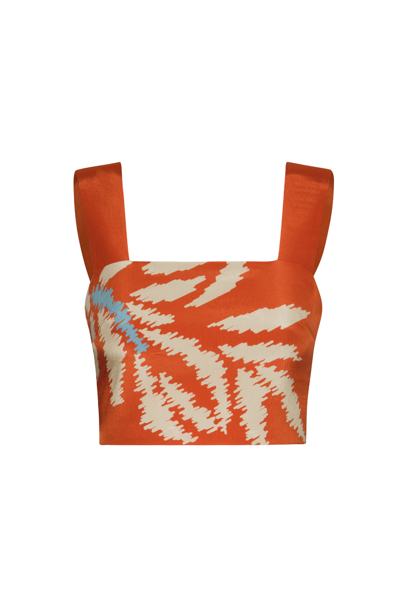 Marimba Crepe Chine Top in Orange Gladiolos