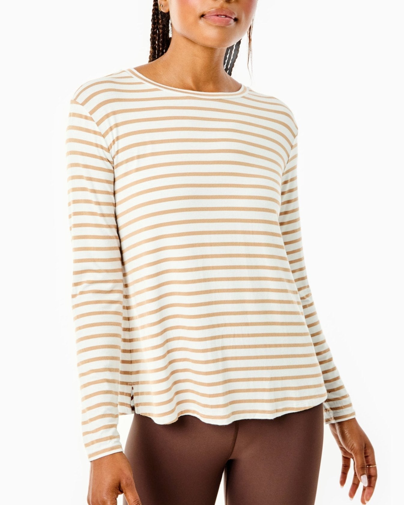 Model is wearing the Everyday Long Sleeve in Latte Stripe with the Everyday Legging in Chocolate