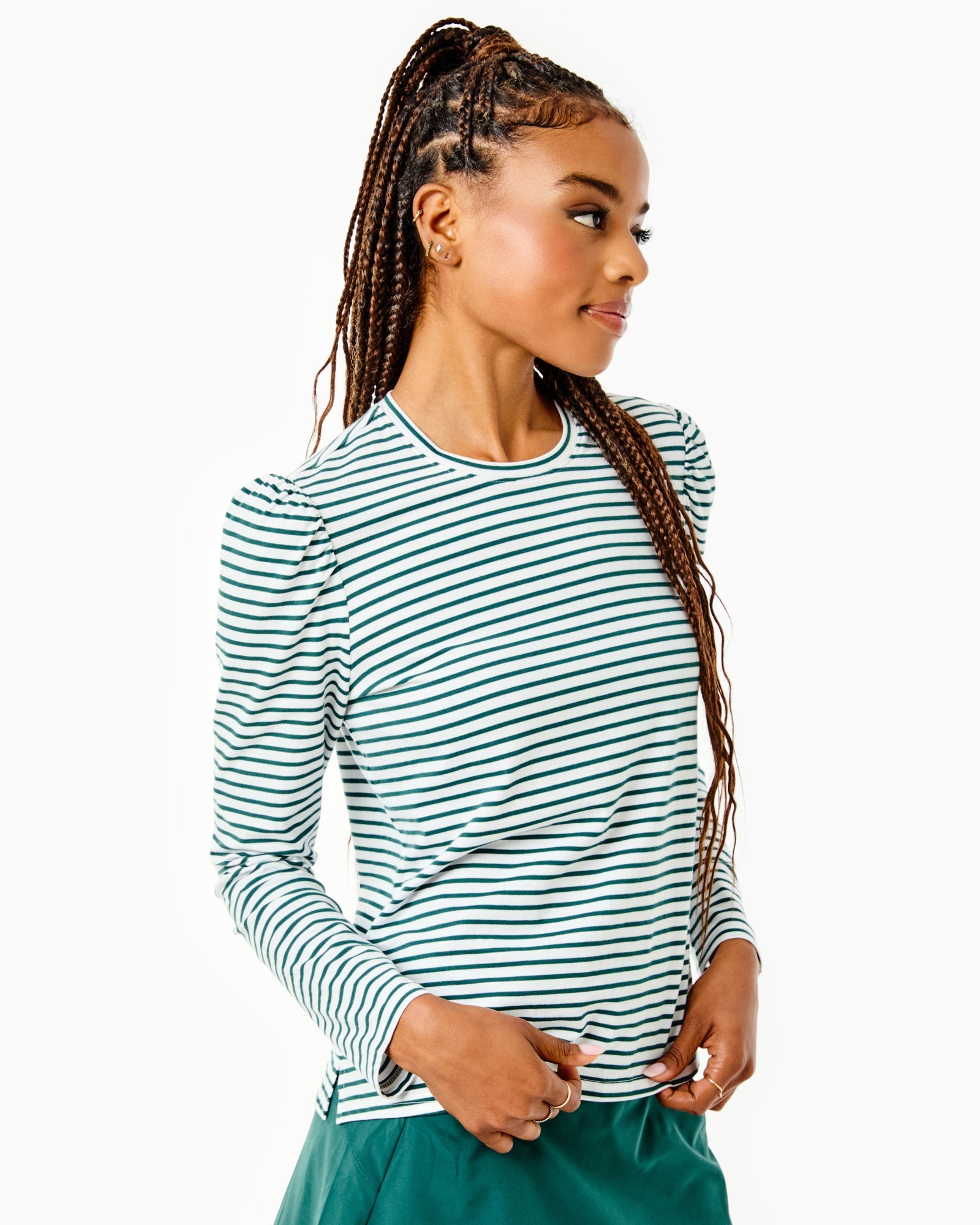 Model is Fairmount Long Sleeve in Super White/ Ivy Stripe with the Flounce Skort in Ivy