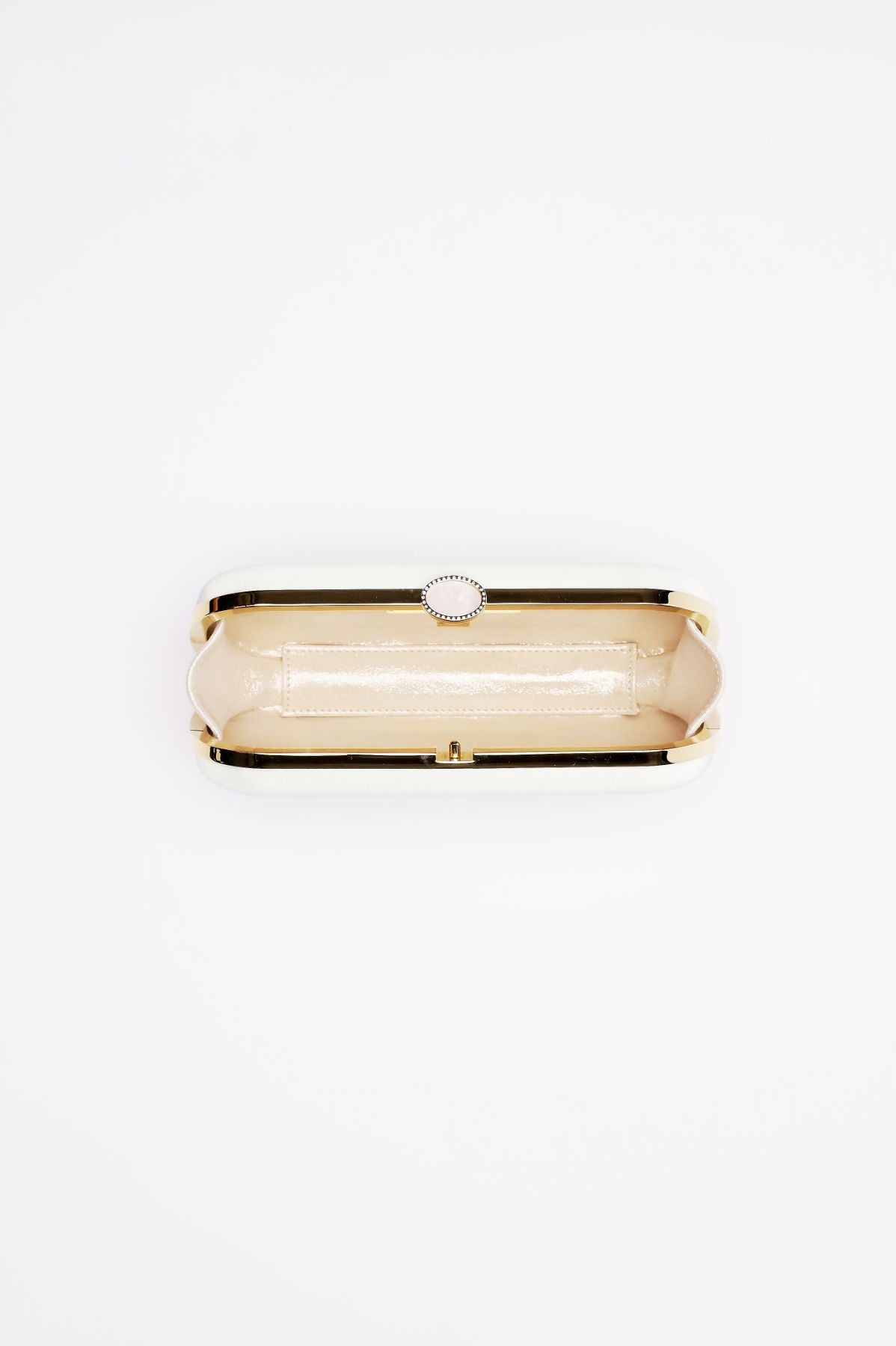 Top open view of Bella Clutch in Ivory white satin with gold hardware frame.