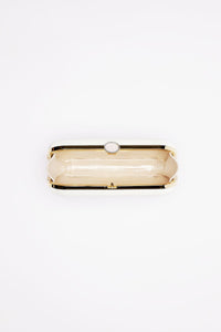 Top open view of Bella Clutch in Ivory white satin with gold hardware frame.