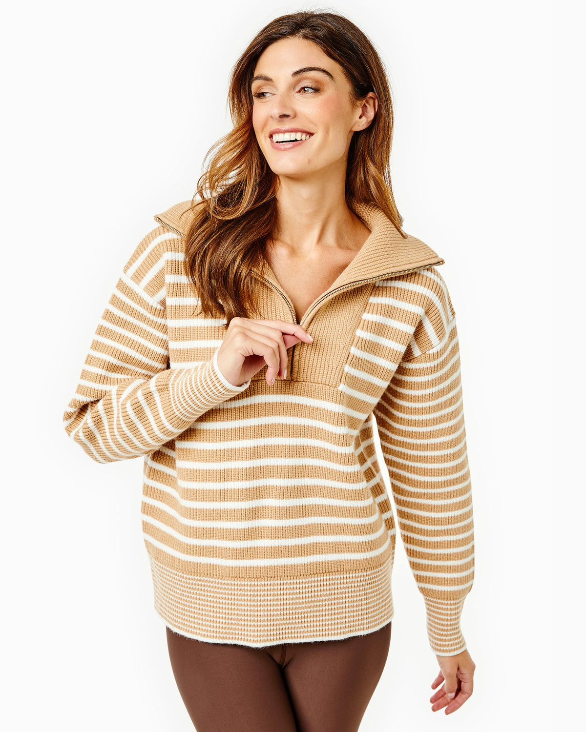 Model is wearing the Griffin Quarter Zip in Latte/ Off White Stripe with the Everyday Legging in Chocolate