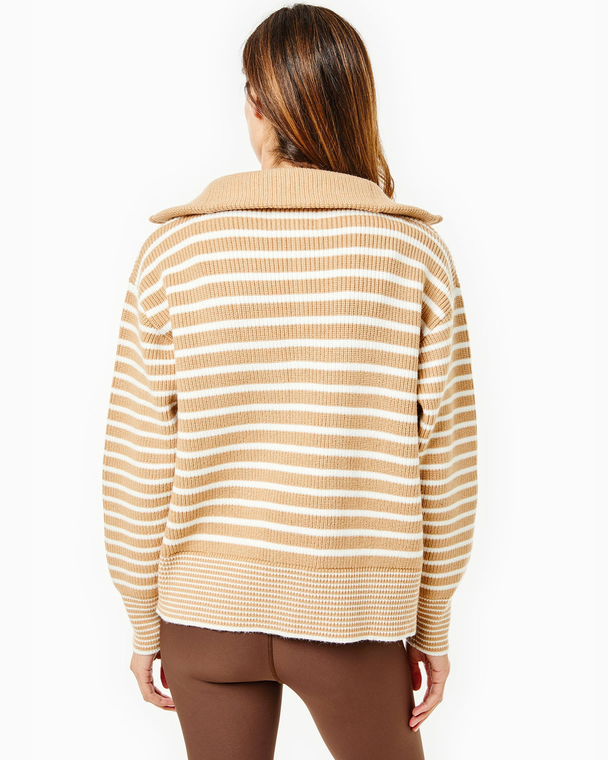 Model is wearing the Griffin Quarter Zip in Latte/ Off White Stripe with the Everyday Legging in Chocolate