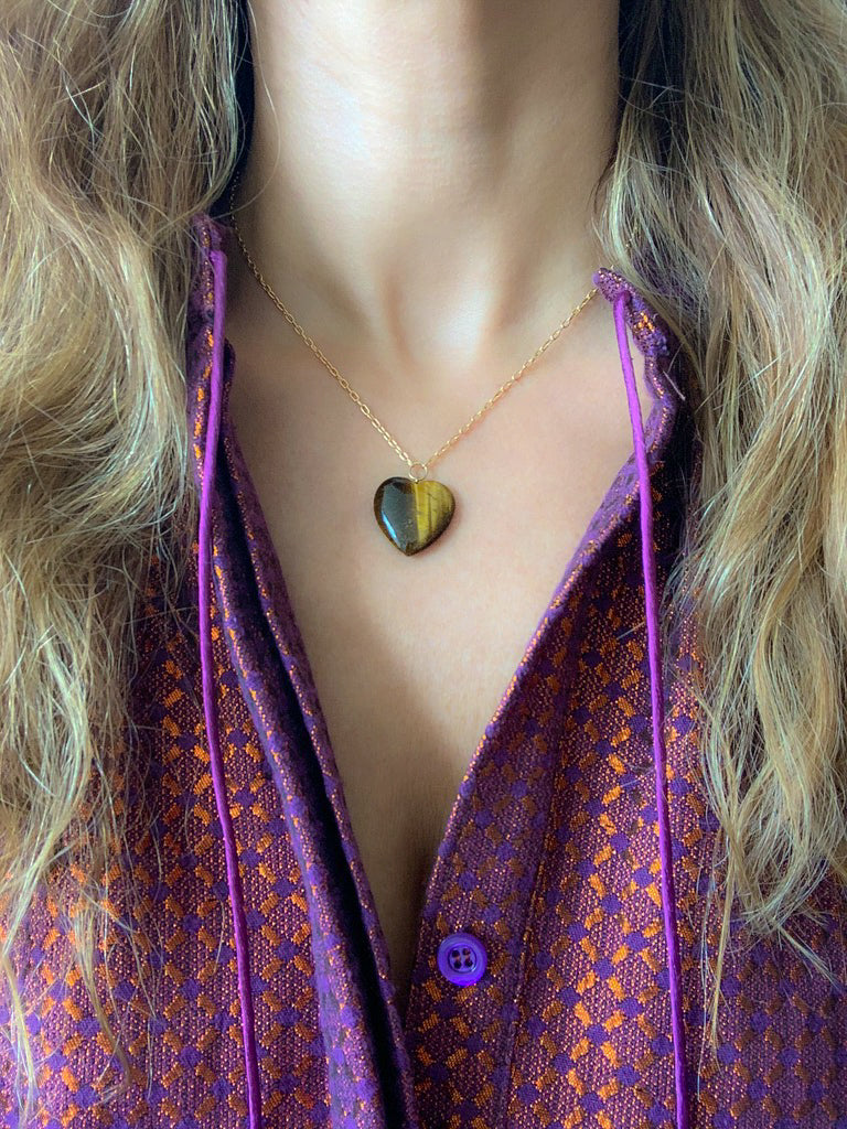 Tiger's Eye Heart Pendant on Gold Chain