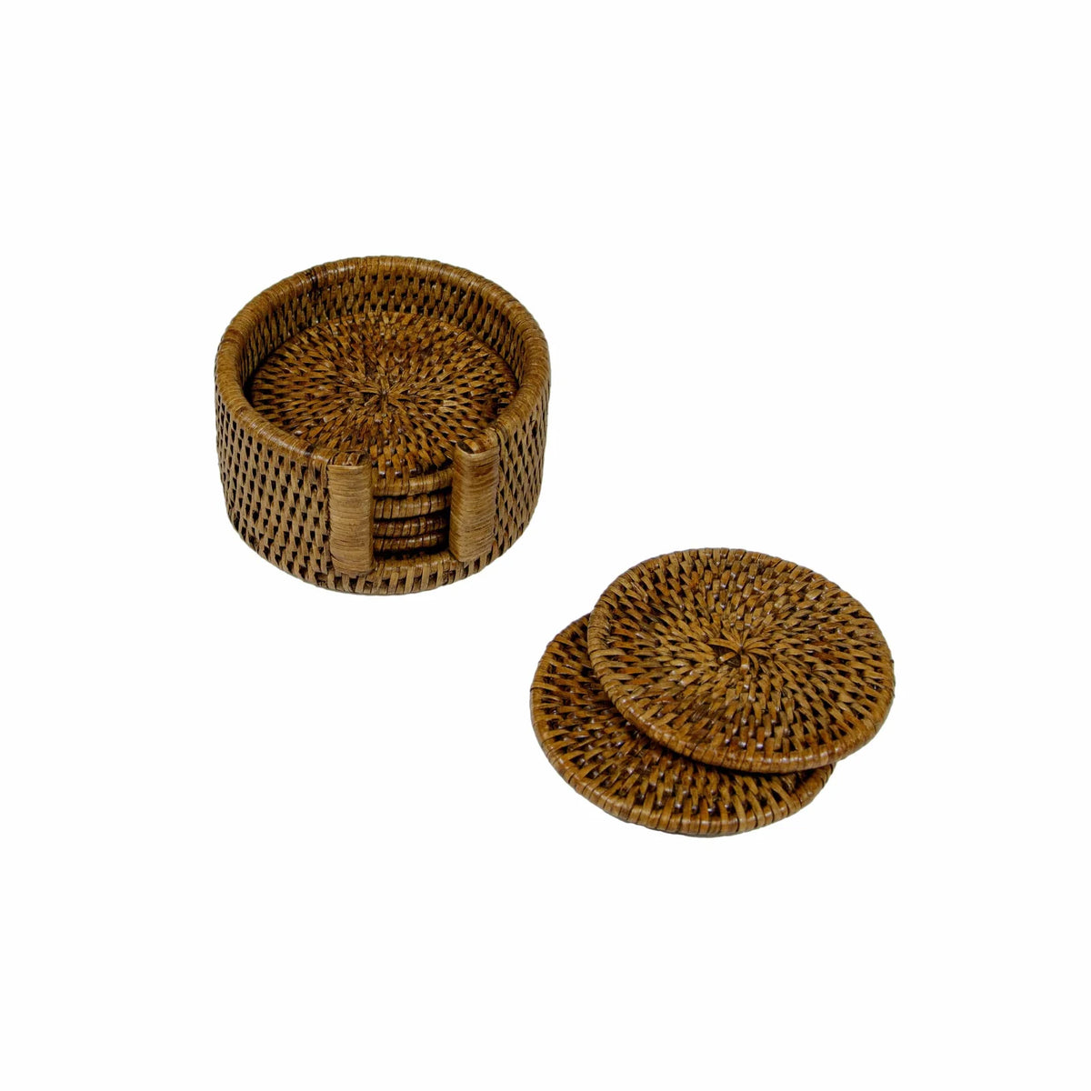 Rattan Round Coaster and Holder Set in Natural