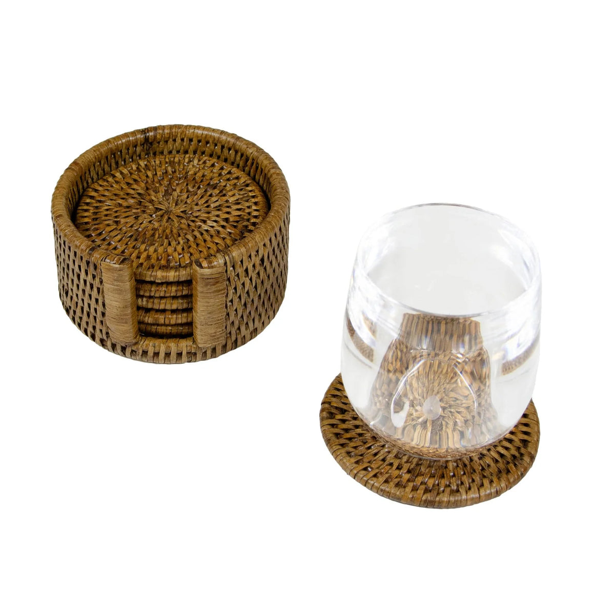 Rattan Round Coaster and Holder Set in Natural