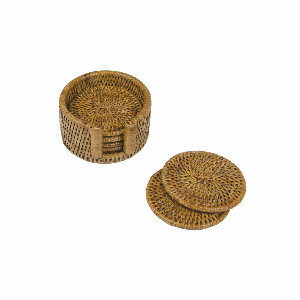 Rattan Round Coaster and Holder Set in Honey