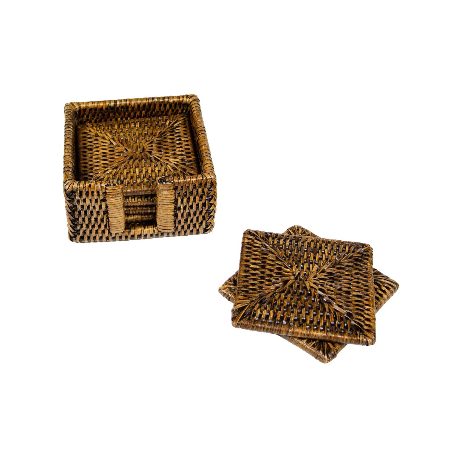 Rattan Square Coaster and Holder Set in Natural