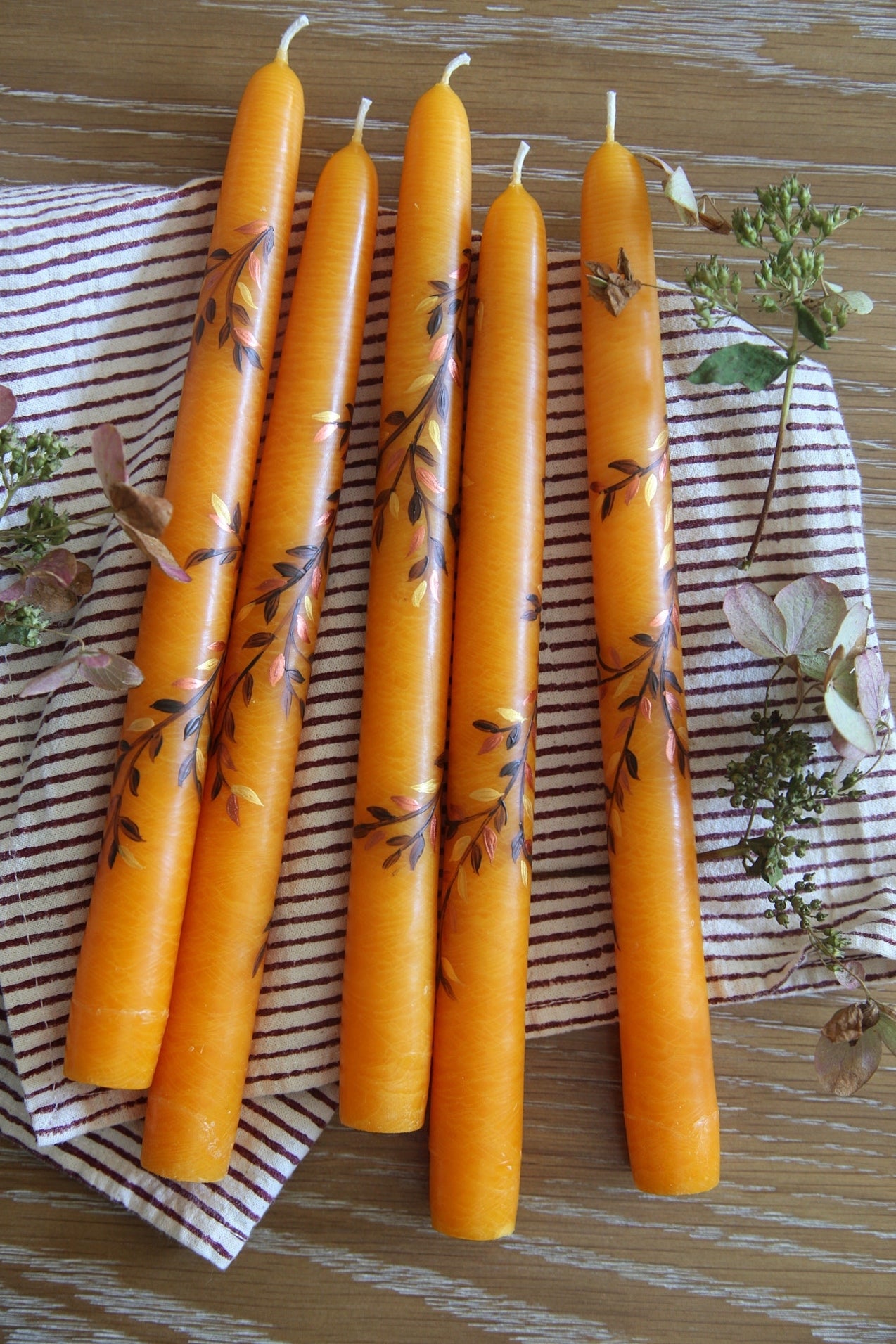 Orange Falling Branches Hand-Painted Taper Candles, Set of Two