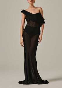 Silk chiffon black tank dress, see-through with lines crossing along body.  Off shoulder with one adjustable strap. 