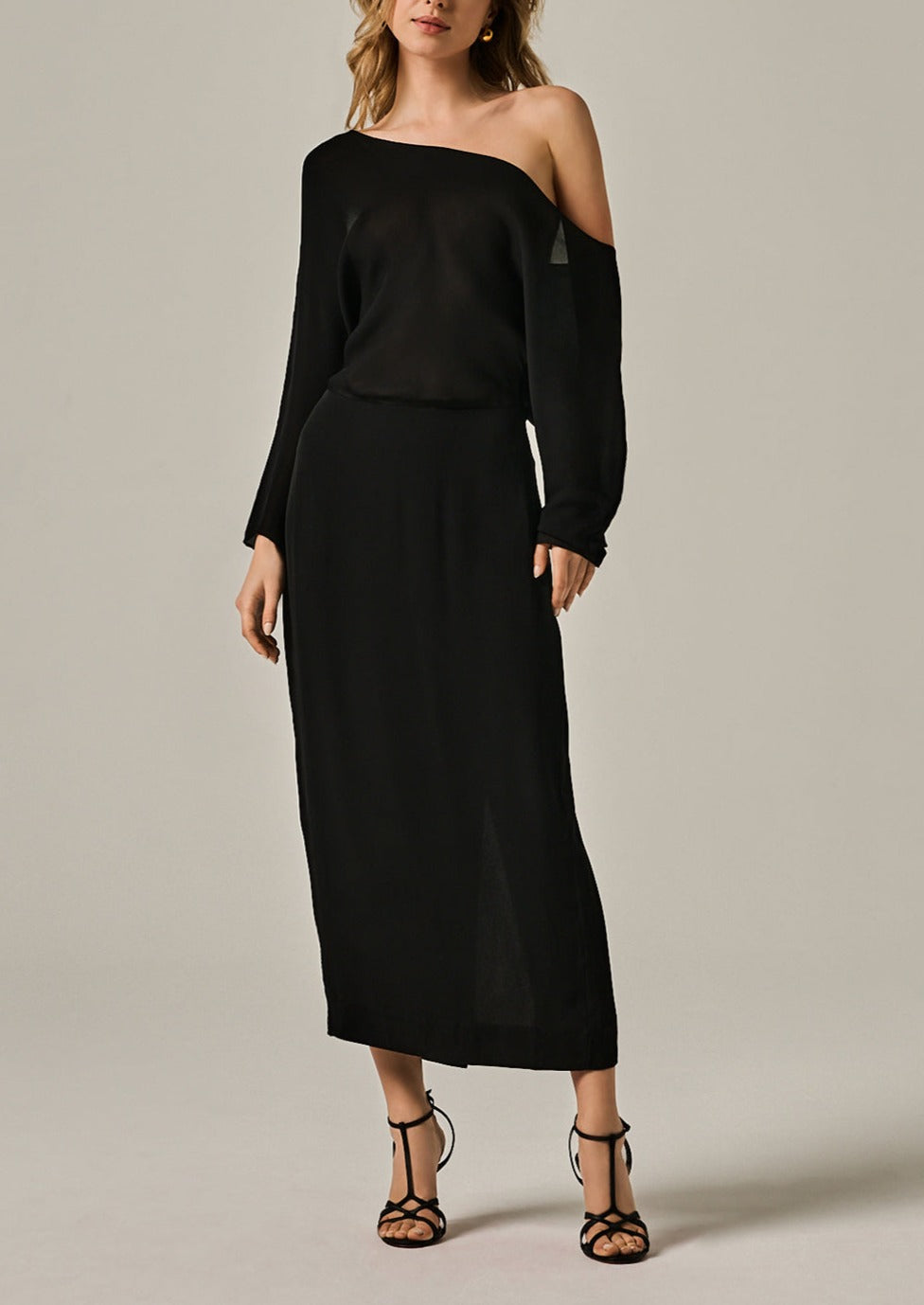 Silk  black georgette off shoulder on left side dress. Center back slit