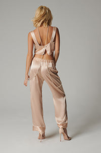 Kiki Silk Lounge Tie Up Pant in Blush With Ivory Piping